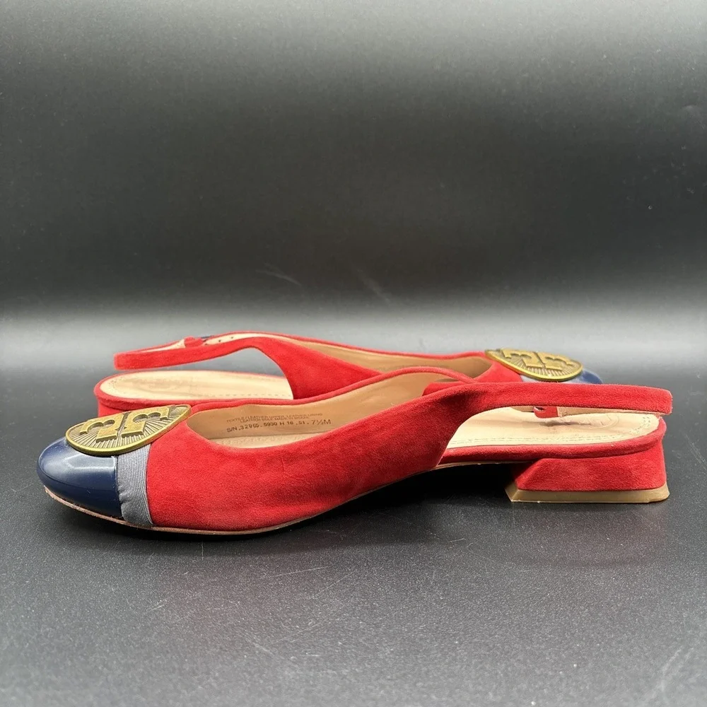 Tory Burch Alastair Slingback Heels Women's 7.5 Red Suede Classic Logo Medallion